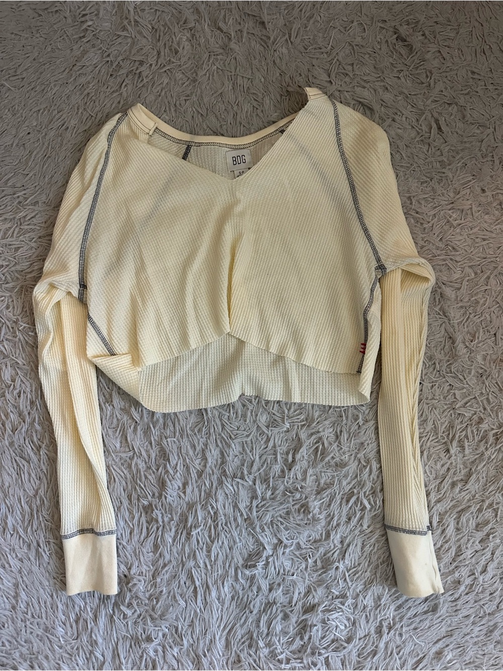 BDG Cream Ribbed Long-Sleeve Cropped Top with Contrast Stitching